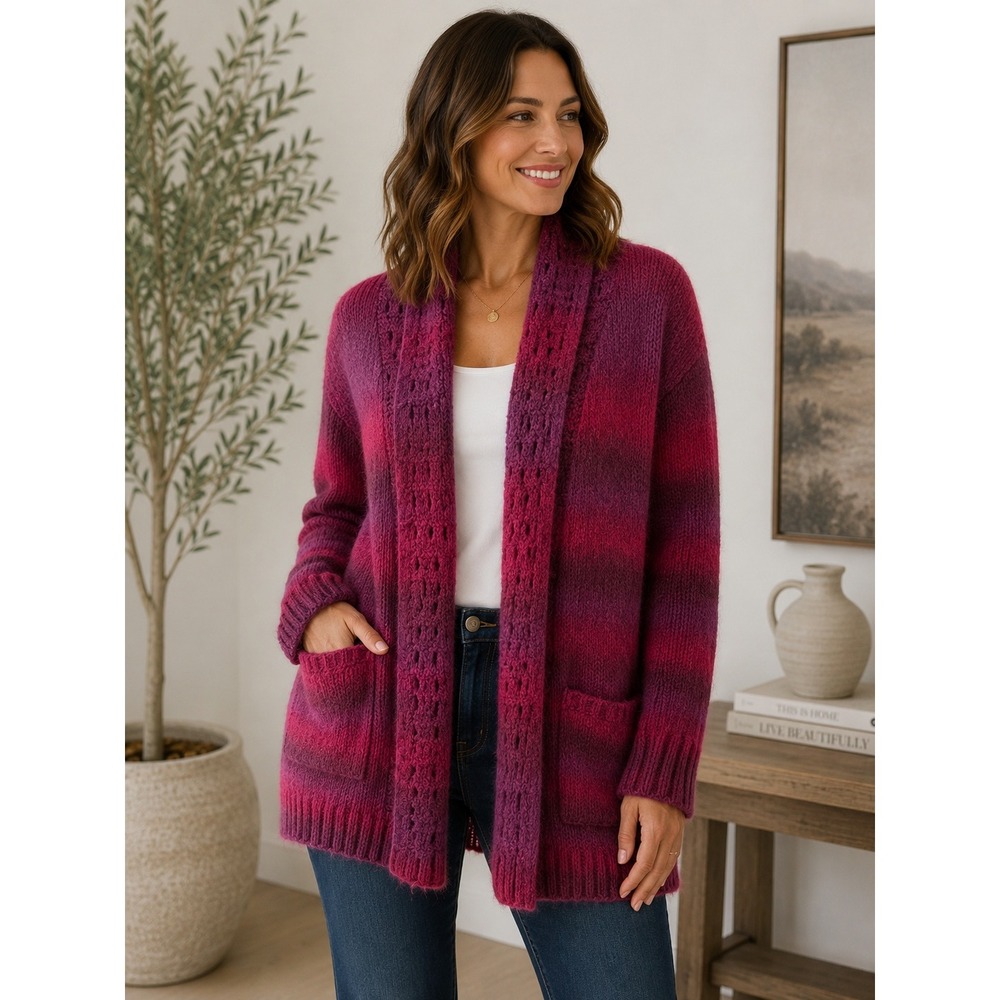 Eddie Bauer Womens Ombre Shawl Collar Cardigan Sweater Berry Pink Wool 1218